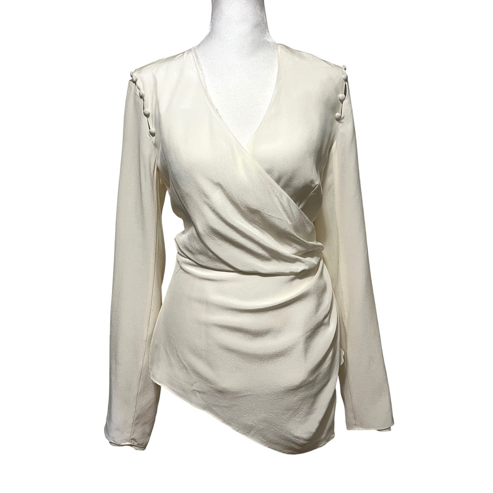 AMUR Joanna Womens Wrap Blouse Top Ivory Silk‎ Long Sleeve Button Detail Size M